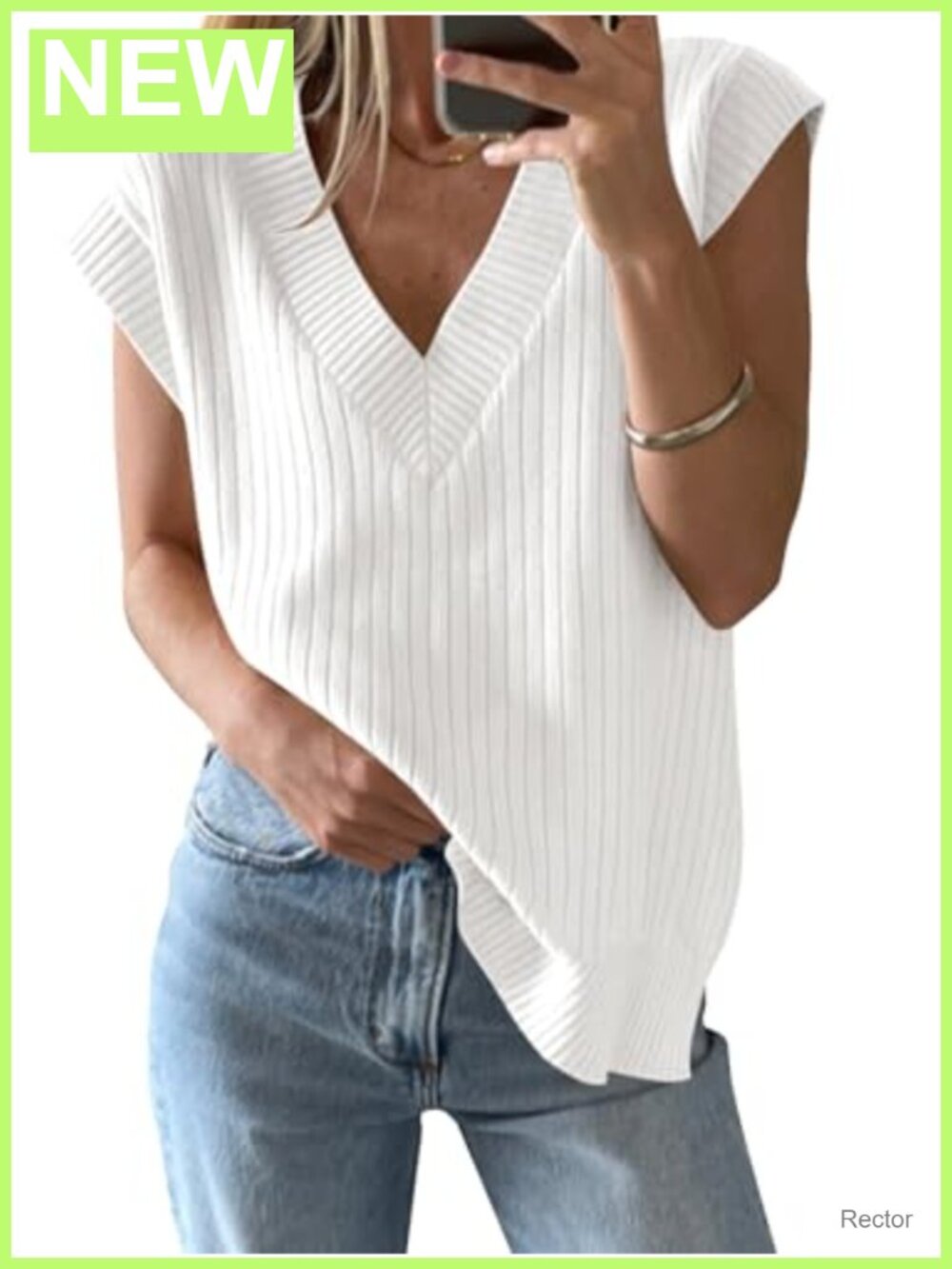 Sleeveless Ribbed Knit V Neck Sweater Vest Loose Fit Layering Top